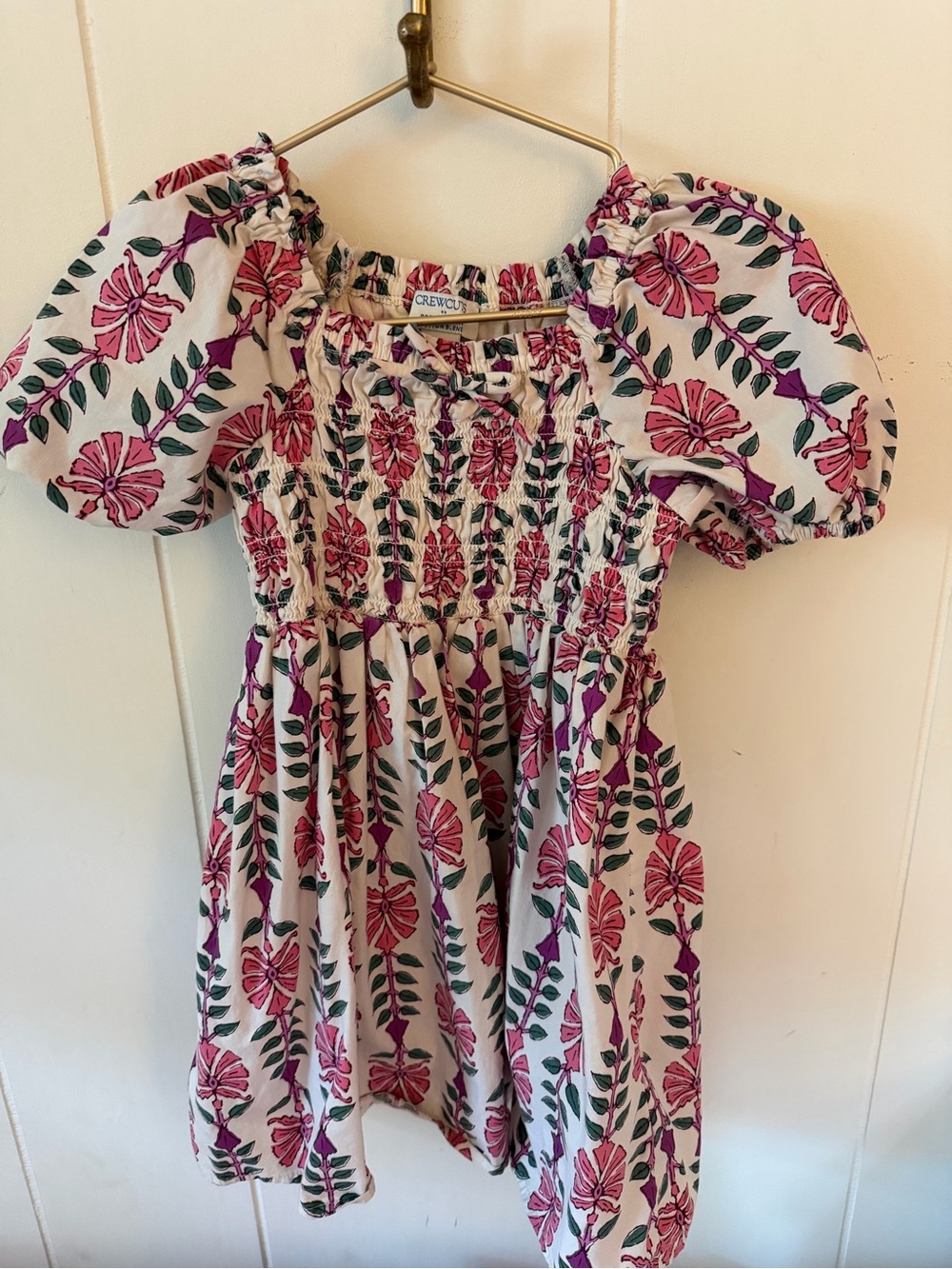 Crewcuts Cream Dress with Pink Floral Print and Green Leaves